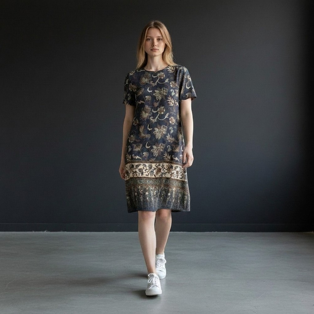 Liz Claiborne Petite Silk Shift Dress Navy Blue Floral Paisley Batik Print Sz 8P